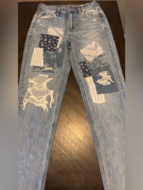 American Eagle Light Wash Patchwork Distressed Jeans